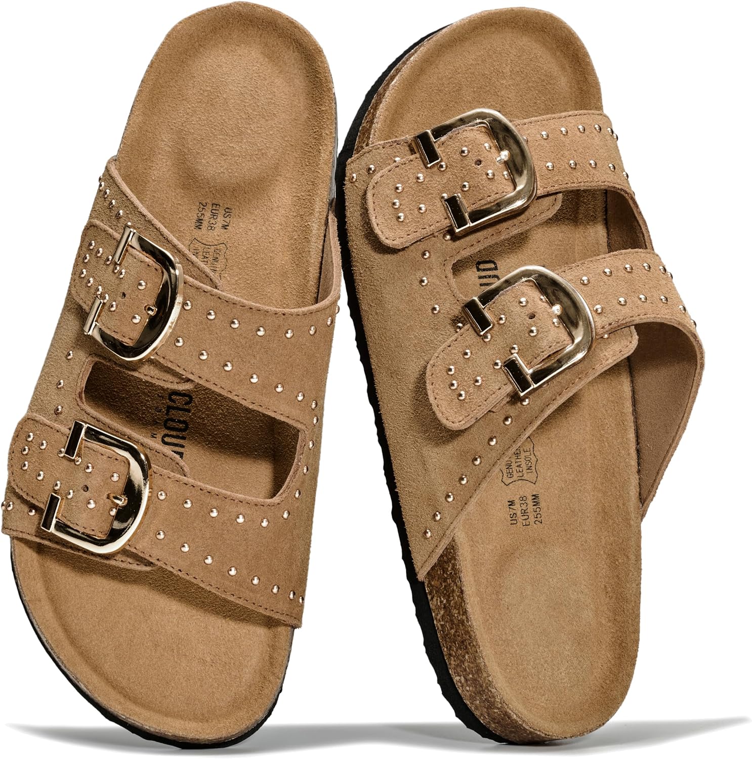 Project Cloud 100% Genuine Leather Womens Sandals Slides for Women (Venita) | Cork Footbed Sandals for Women with Memory Foam and Arch Support Vacation Essentials Slides Women Footwear Flat Sandals