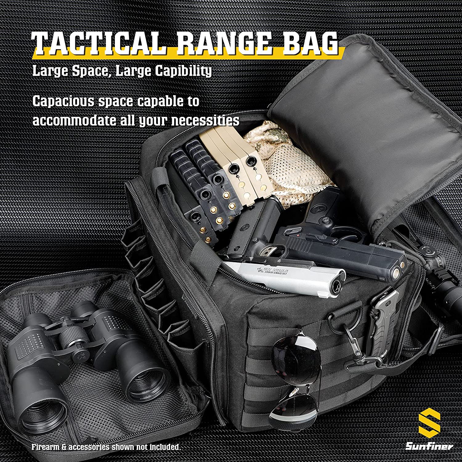 Amethyst Osage Sunfiner multi-function tactical range bag with magazine gear, durable black fabric, multiple compartments for outdoor shooting gear.