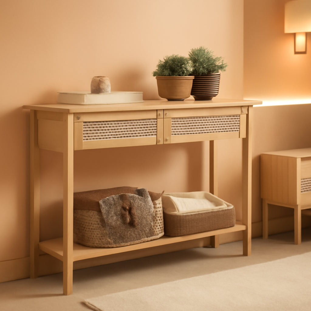 Oak Beige Generous Console Table Featuring Drawers