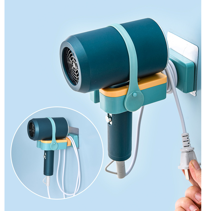 Wall-mounted Maroon Asteria bathroom hair dryer rack, punch-free multifunctional storage for toiletries and styling tools.
