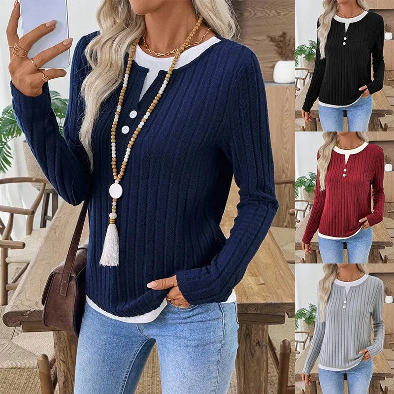 Women’s long sleeve ribbed burgundy and black knit top with round neck, featuring a mock two-piece design from Start2Finish.