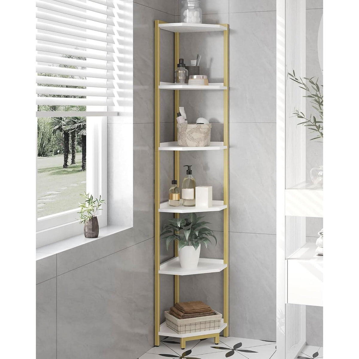 6-Tier Corner Shelf Stand White Gold Finish For Living Room