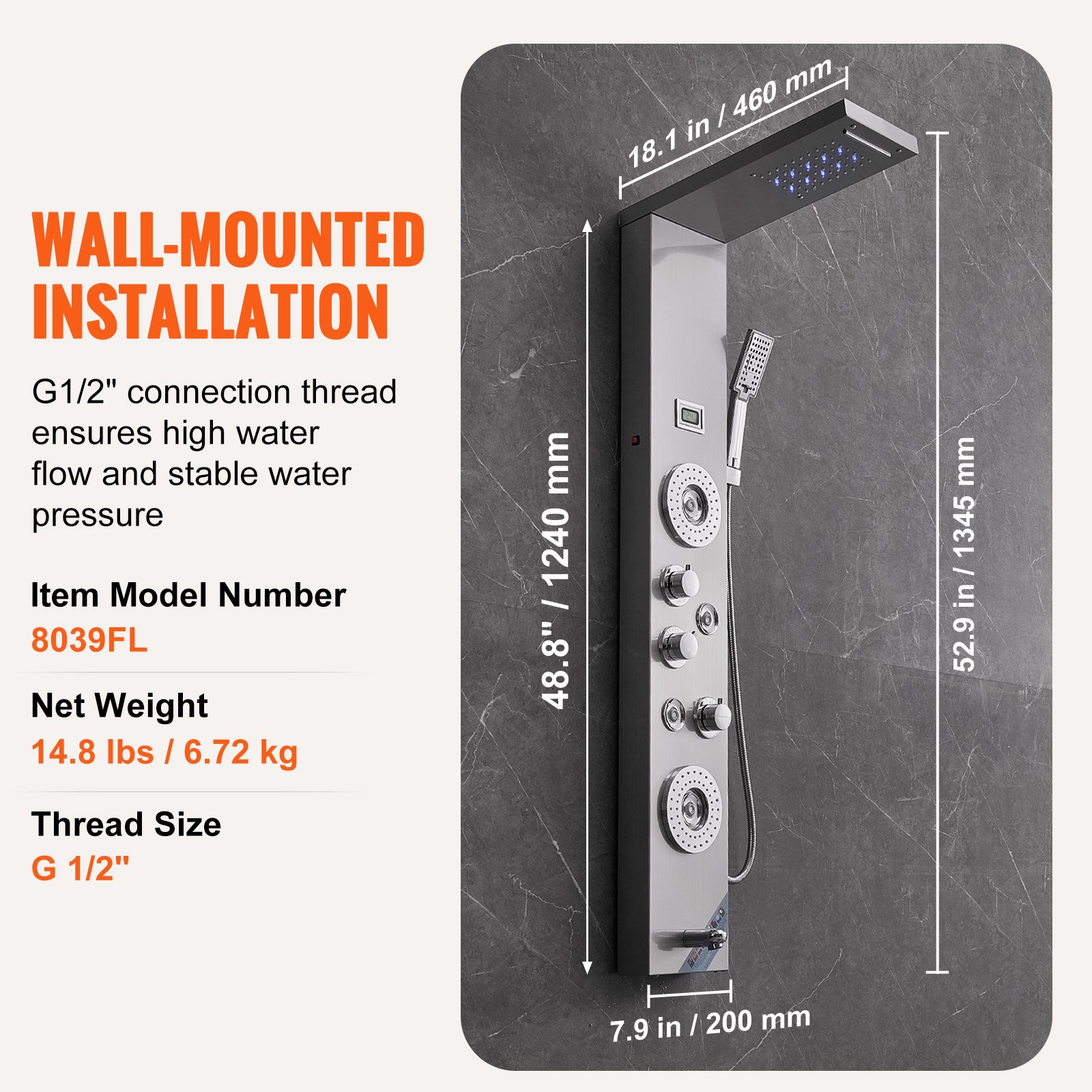 Start2Finish VEVOR shower panel system with 6 modes, LED display, rainfall, waterfall, massage jets, tub spout, and handheld shower head.