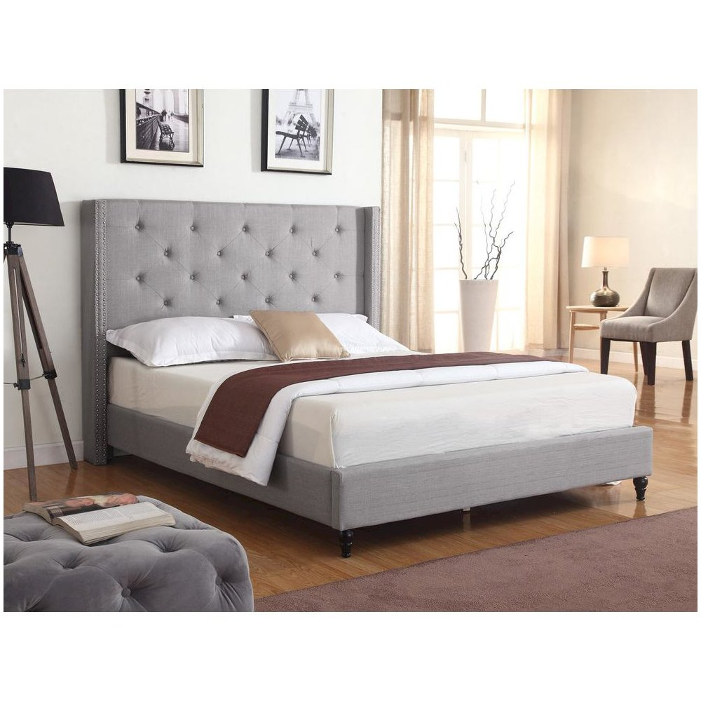 Gray Best Master Valentina fabric upholstered wingback East King platform bed by Start2Finish with a plush, winged headboard and sleek design.