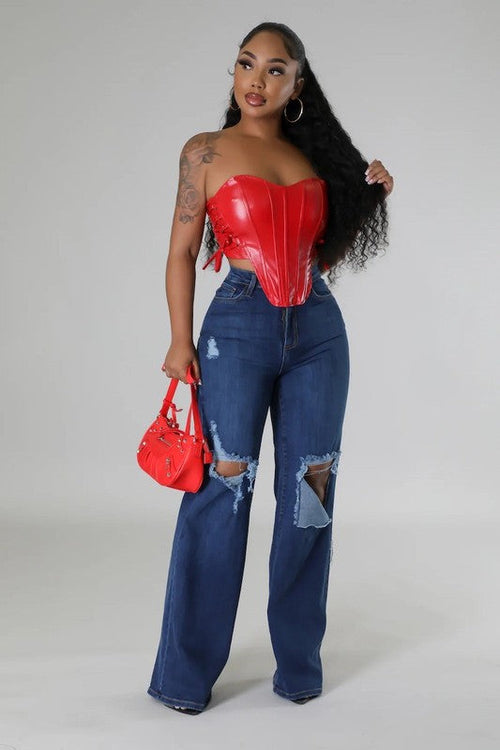 Jade Icarus Jade Wide Leg Jean in dark denim, showcasing relaxed fit with wide legs and classic jean styling.