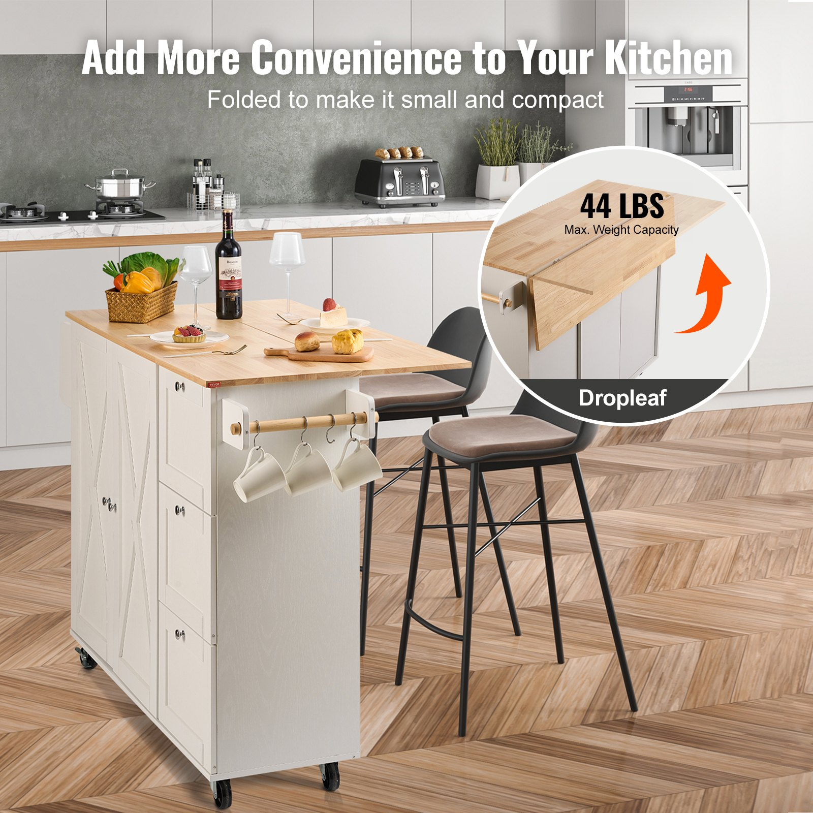 Start2Finish VEVOR kitchen island cart with solid wood top, storage cabinet, spice rack, towel rack, and drop leaf in white.