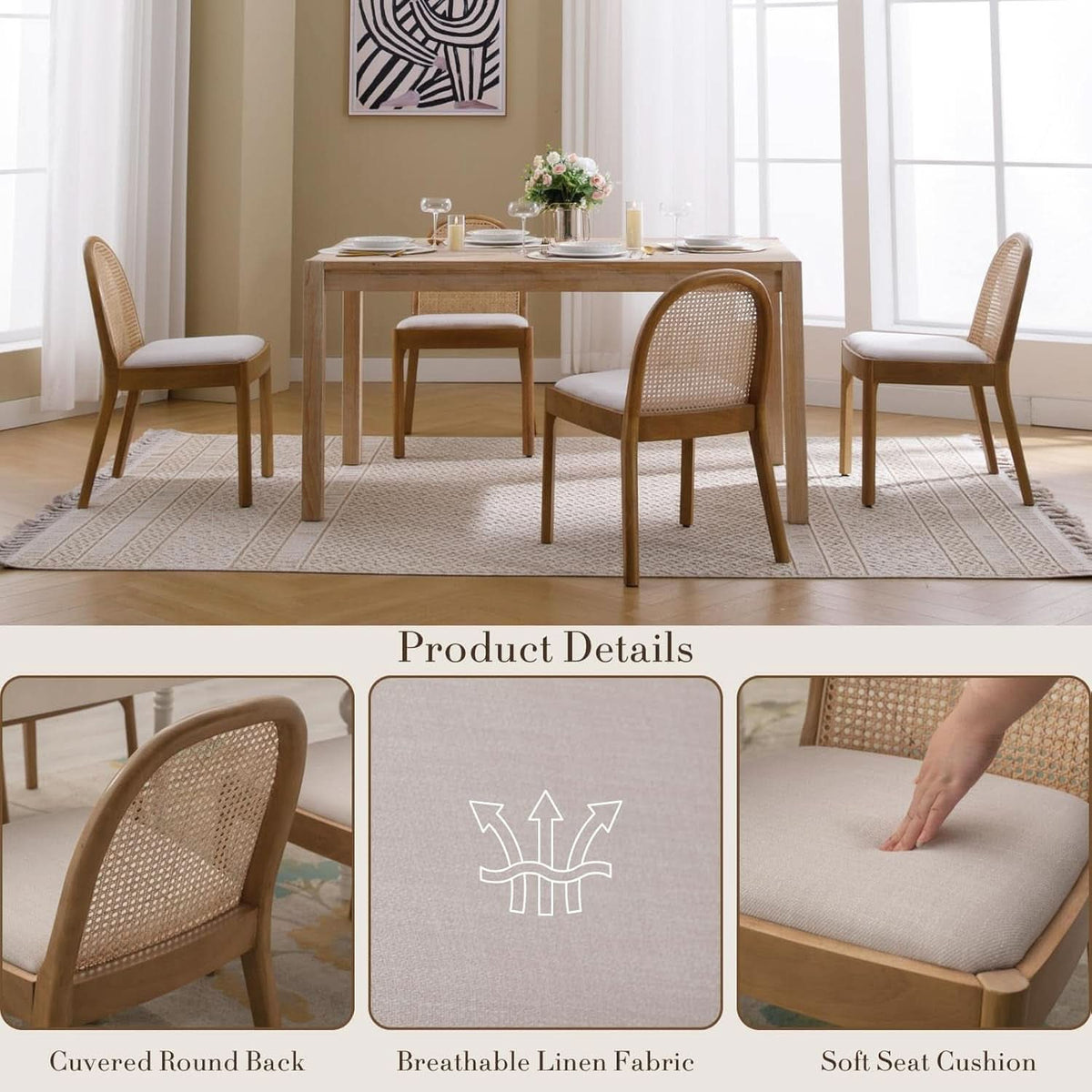 Beige Rattan Dining Chairs Featuring Contemporary Wood