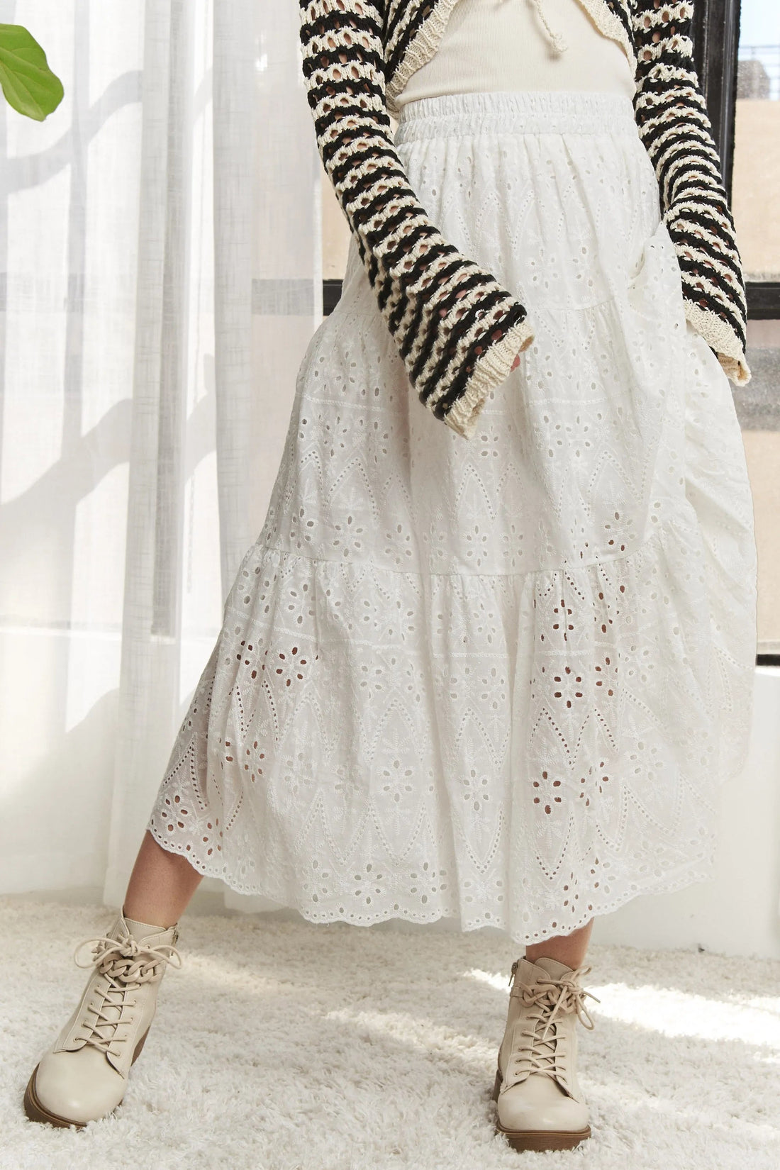 Jade Icarus ADORA elastic waistband tiered midi skirt featuring flowing fabric and tiered layers, stylish and comfortable for casual wear.