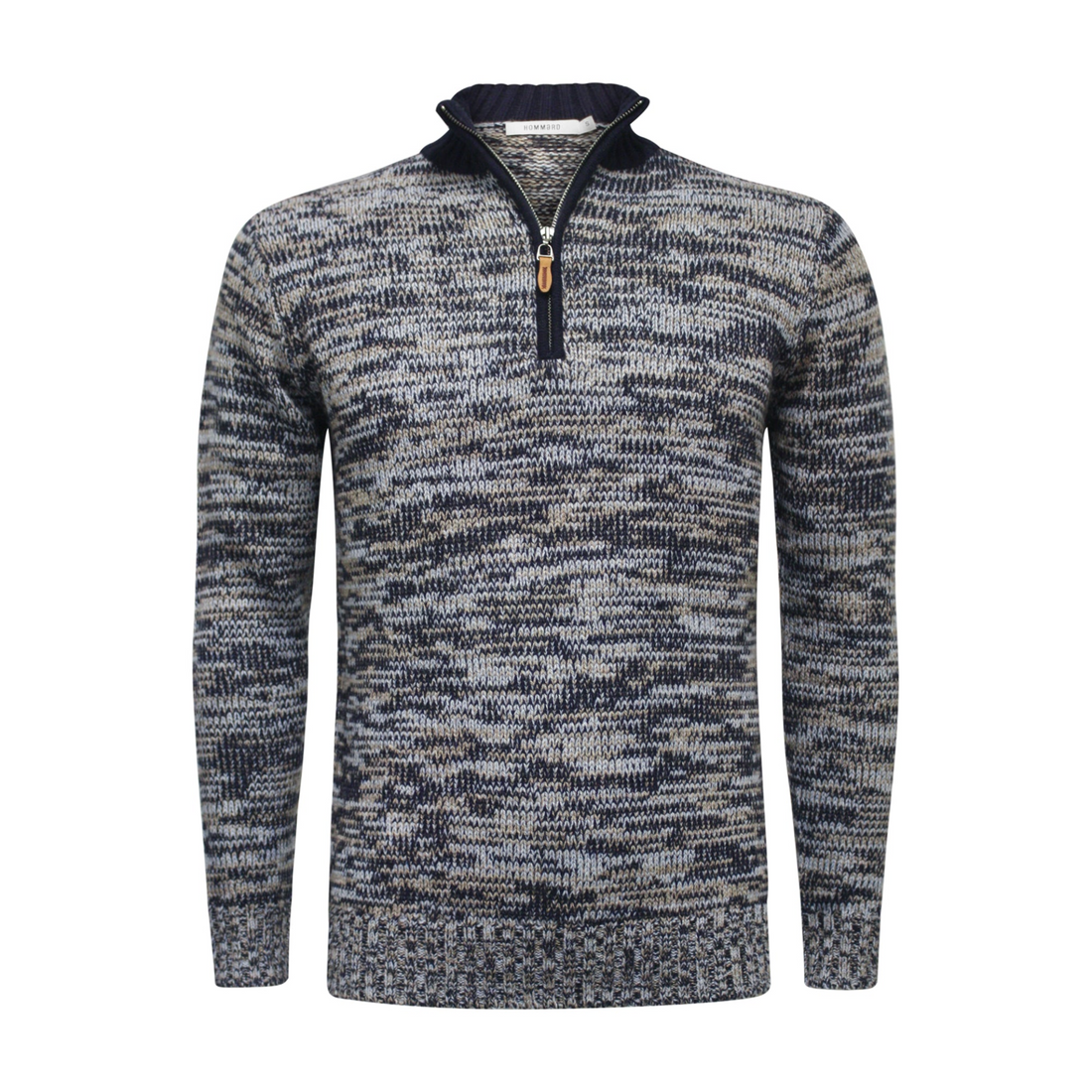 Start2Finish cashmere half zip sweater in melange navy, camel, and blue with a high collar and soft knit texture.