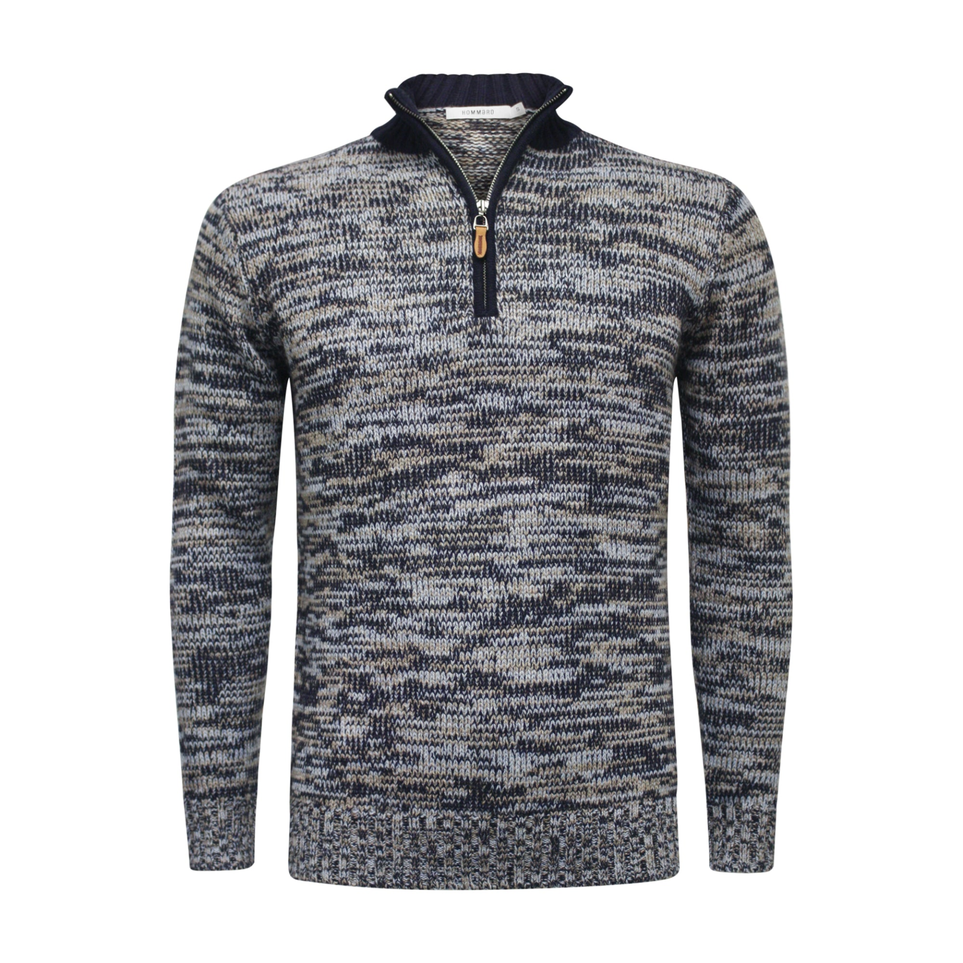 Start2Finish cashmere half zip sweater in melange navy, camel, and blue with a high collar and soft knit texture.
