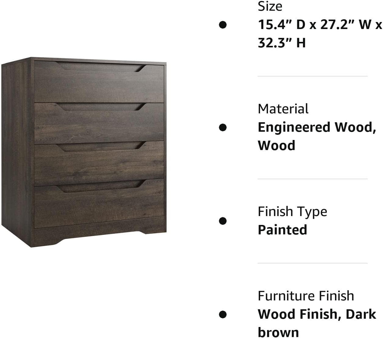 Dark brown Peach Maple 4-drawer bedroom dresser with sleek handles, offering stylish storage and organization for modern bedrooms.