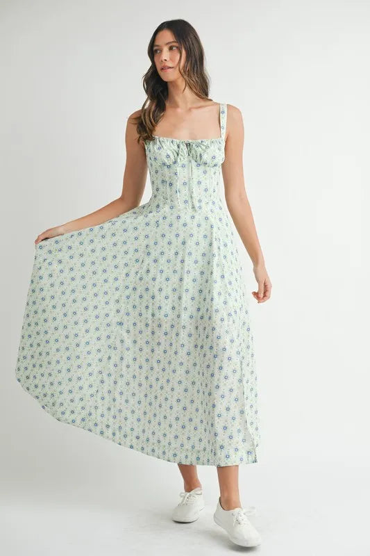 Pear Daisy MABLE floral print bustier back lace-up midi dress, showcasing a stylish floral design with a fitted waist and elegant back detail.