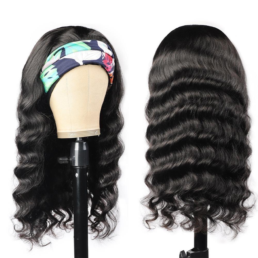 Cerise Alfie loose body wave headband wig with human hair, easy wear, no glue, styled as a versatile bath and beauty accessory.