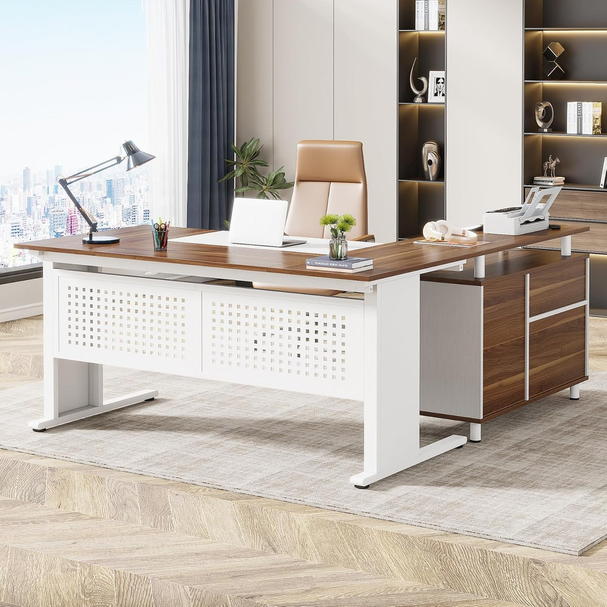 Walnut 63Inch Executive Desk With File Storage Cabinet
