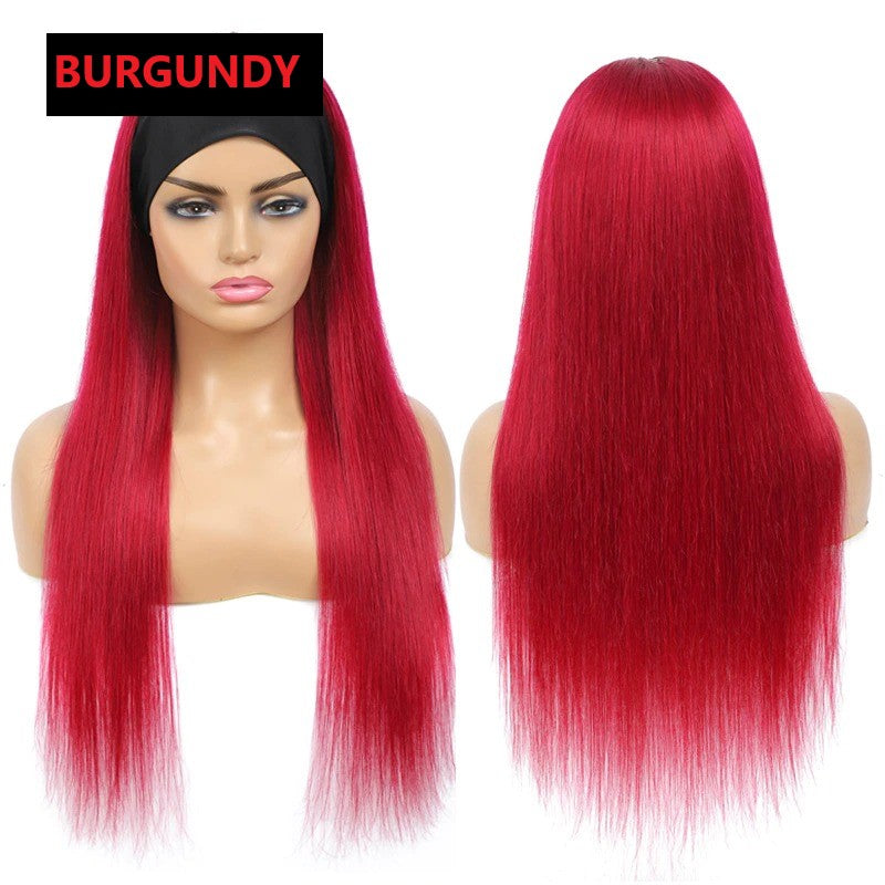 Burgundy straight human hair headband wig by Cerise Alfie, featuring a no-glue, easy-to-wear scarf wig style.