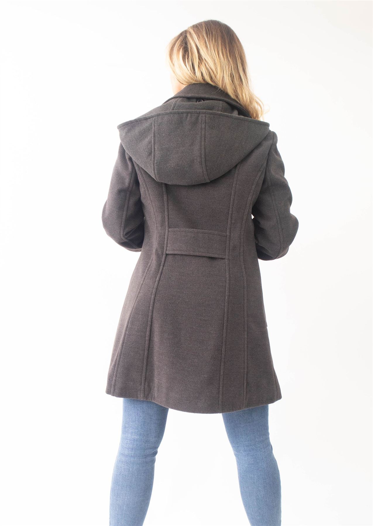 Rose Eleusis wool feel double-breasted hooded coat, stylish jacket with front buttons and a cozy hood, perfect for cold weather.