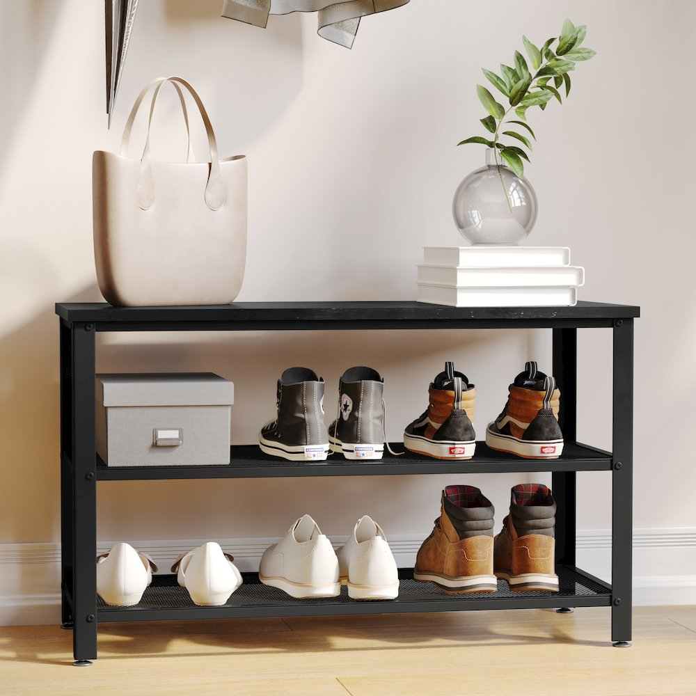 Rustic black wash 3-tier entryway bench by Start2Finish with wooden shelves and sturdy metal frame, perfect for hallway storage.