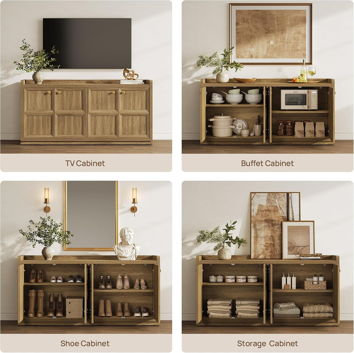 61.7 Inch Brown Oak 4 Door Buffet Cabinet Sideboard