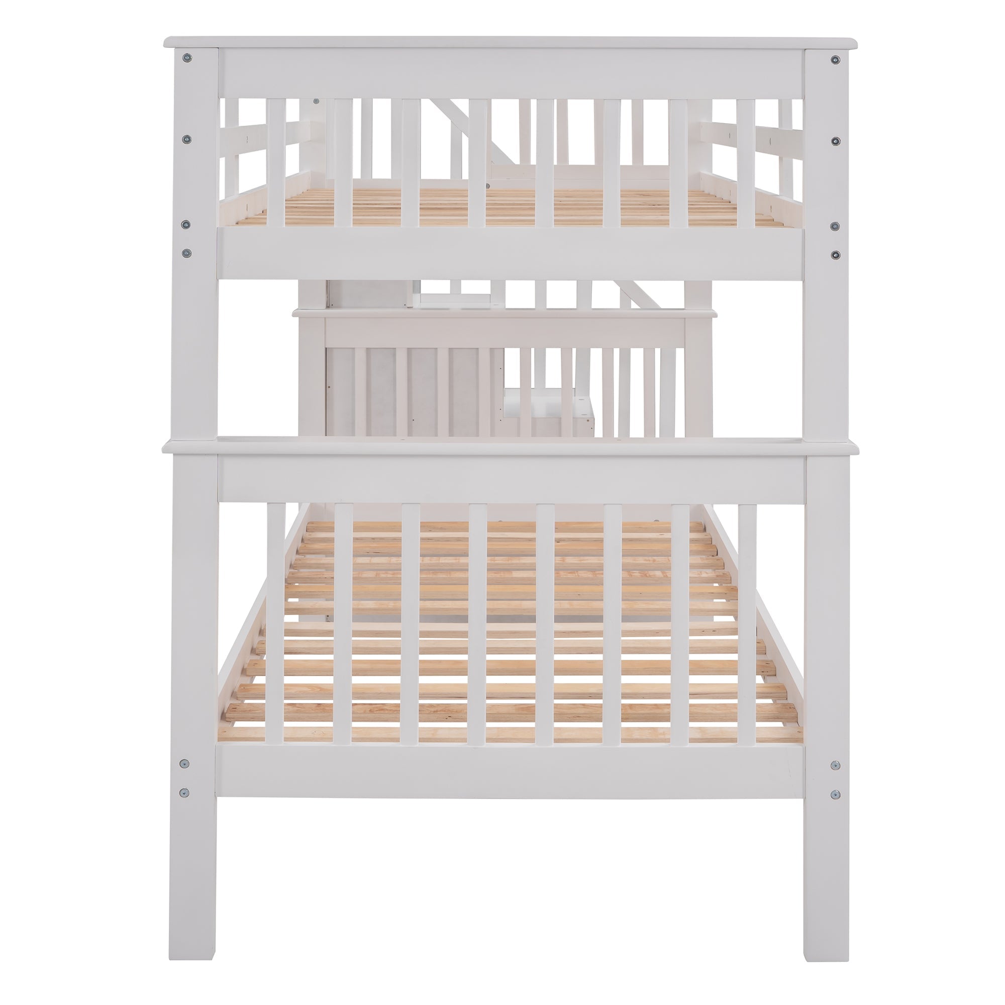Sangria Beech twin-over-twin bunk bed with built-in three drawers, ideal for bedroom or dorm room, made of sturdy furniture material.