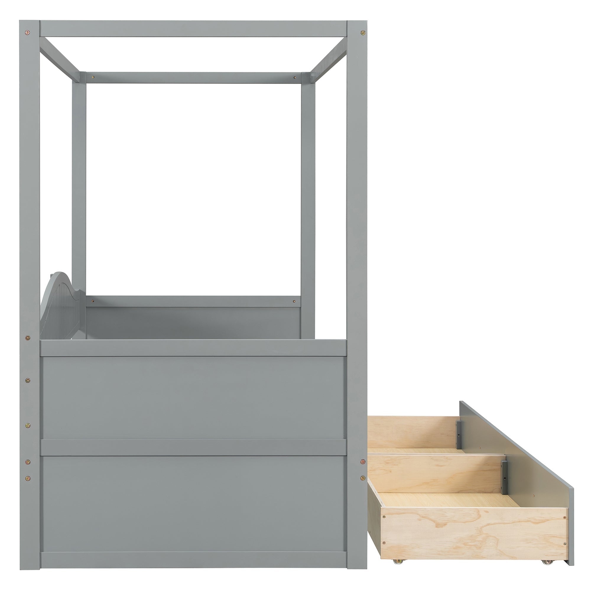 Sangria Beech twin size canopy day bed with two storage drawers, featuring a sturdy frame and elegant canopy for bedroom decor.