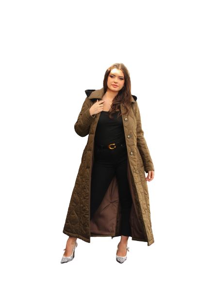 Rose Eleusis quilted single-breasted longline hooded coat, stylish jacket with a padded quilted design and a hood for warmth and comfort.