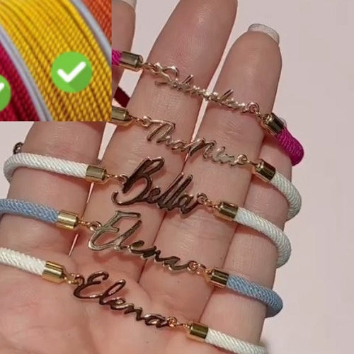 Colorful personalized rope chain bracelet with custom name, pink lucky brand, designed for women, featuring vibrant, woven jewelry.