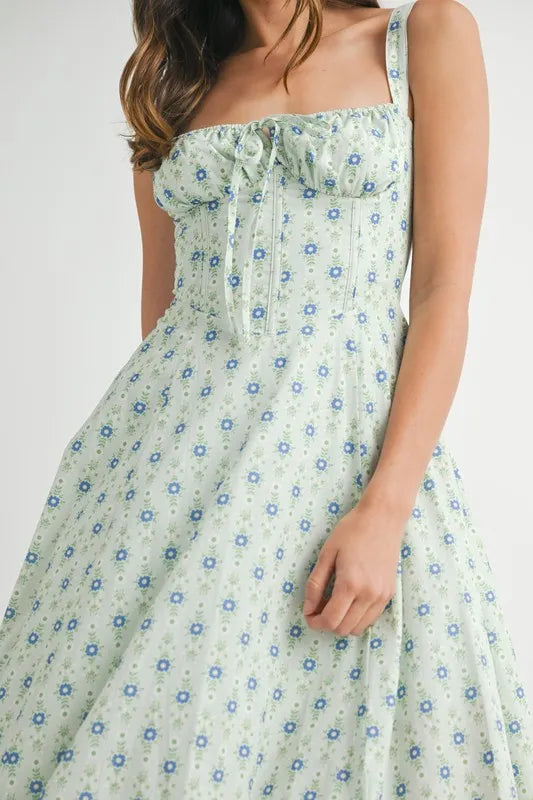 Floral print bustier back lace-up midi dress by Pear Daisy, featuring a stylish design suitable for home and garden events.