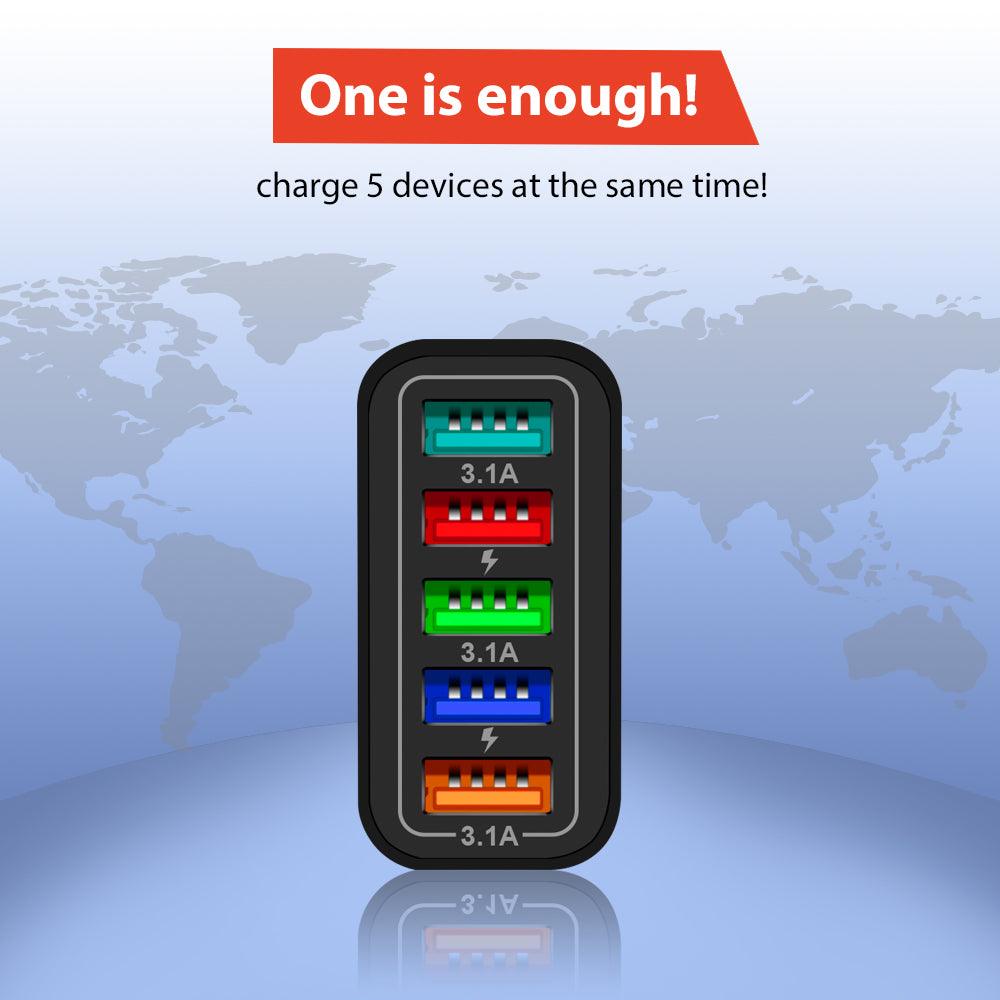 Fuchsia Electra 5-port wall charger for mobile and laptop devices, with 5 USB ports for charging multiple gadgets simultaneously.