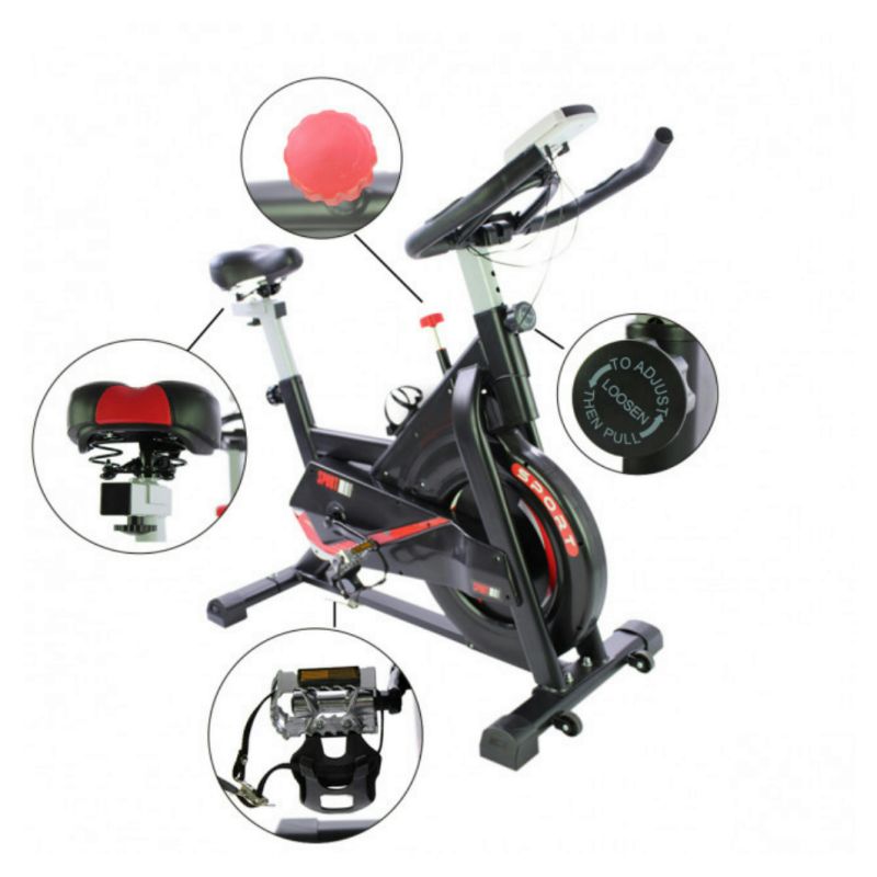 Puce Orpheus spinning bike indoor exercise equipment with monitor displaying workout stats and heart rate.