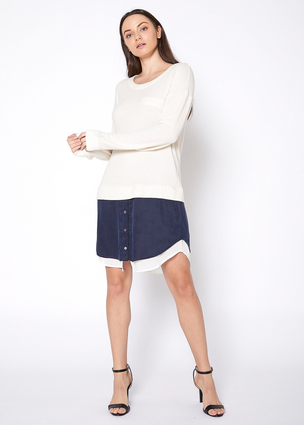 Ivory Lemon Hera Women’s Twofer Pullover Sweater Dress, long-sleeve knit dress with layered look, styled with a relaxed fit.