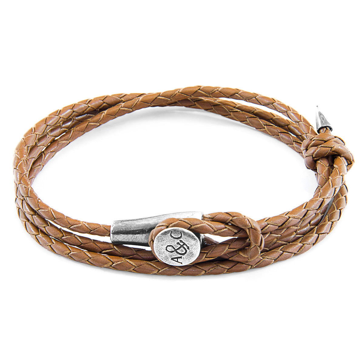 Light brown Dundee silver and leather bracelet by Magenta Sooty featuring a stylish, handcrafted design with metal and leather elements.