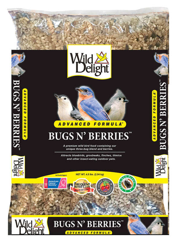 Wild Delight Bugs N Berries bird food mix by Rose Chloe featuring assorted insect and berry ingredients for wild birds.