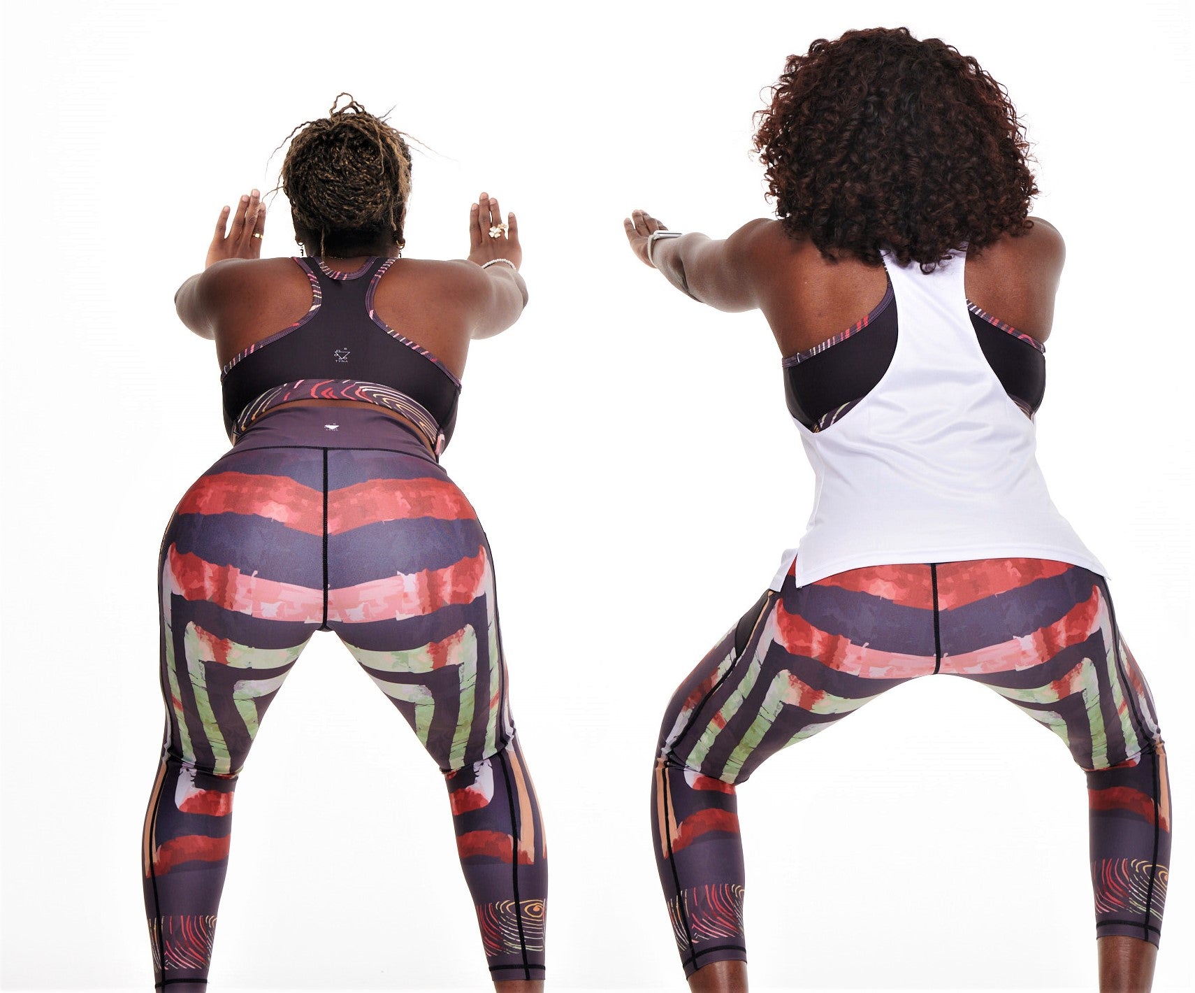White Oliver Adyre vibrant activewear leggings with side pockets on colorful brocade fabric, designed for comfort and style.