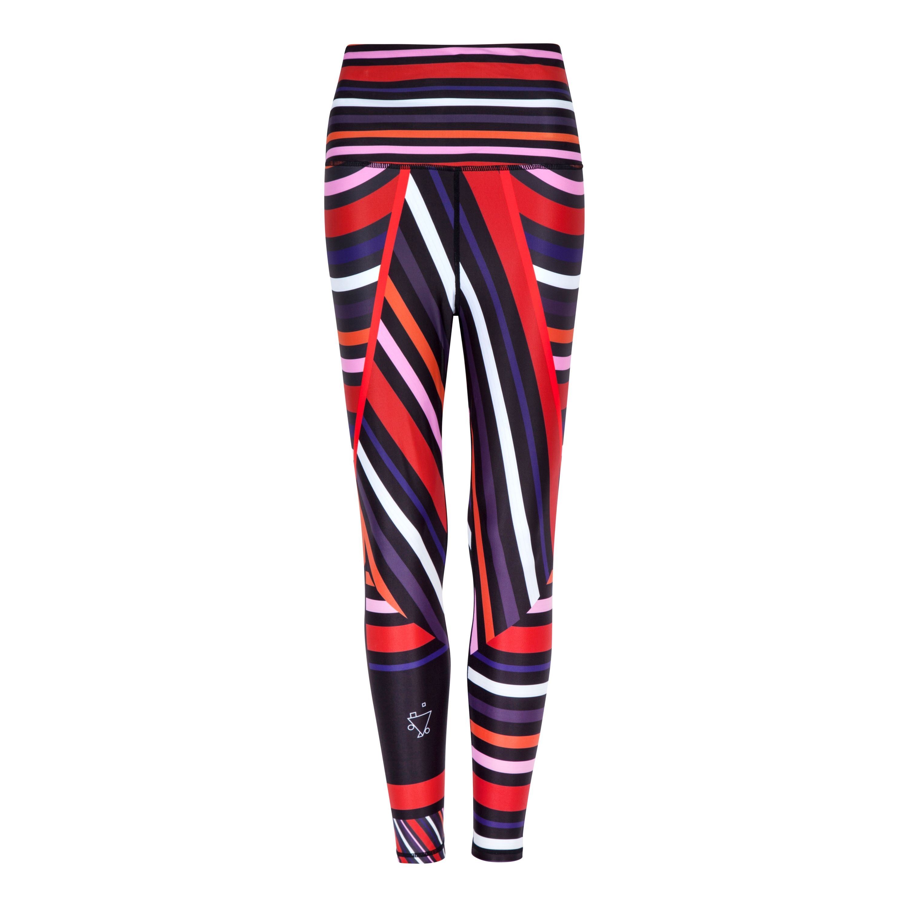 Vibrant Aso-Oke patterned leggings by White Oliver, stylish activewear with colorful traditional African fabric design.