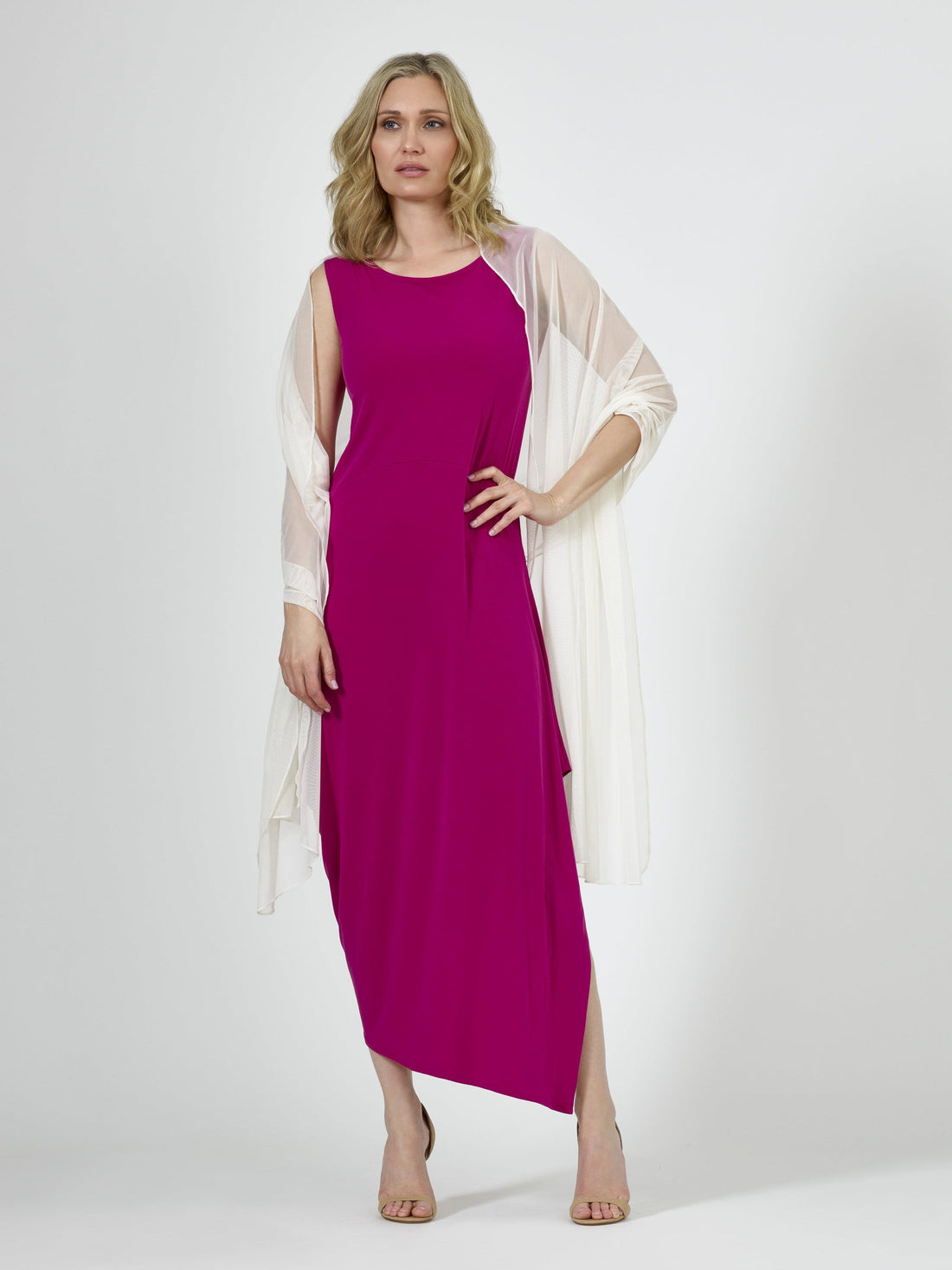 Fuchsia mesh angulated dress for women by Purple Mango, featuring a stylish and elegant design perfect for special occasions.