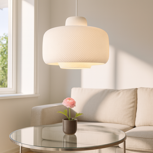 Azure Pontus Aurora Dome Pendant Lamp hanging with a warm glow, modern lighting fixture with a sleek, curved design.