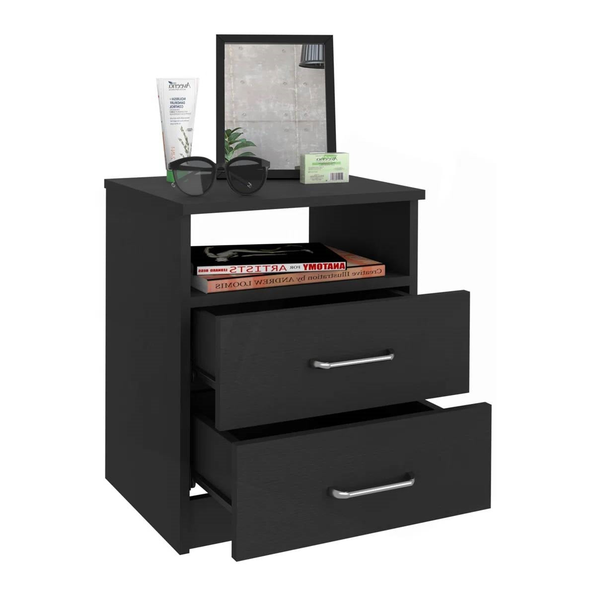 Modern 2-Drawer Nightstand End Table with Open Shelf in Black Wood Finish