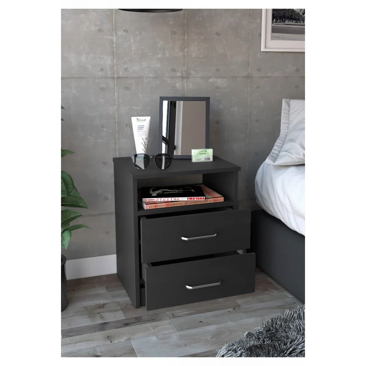 Modern 2-Drawer Nightstand End Table with Open Shelf in Black Wood Finish