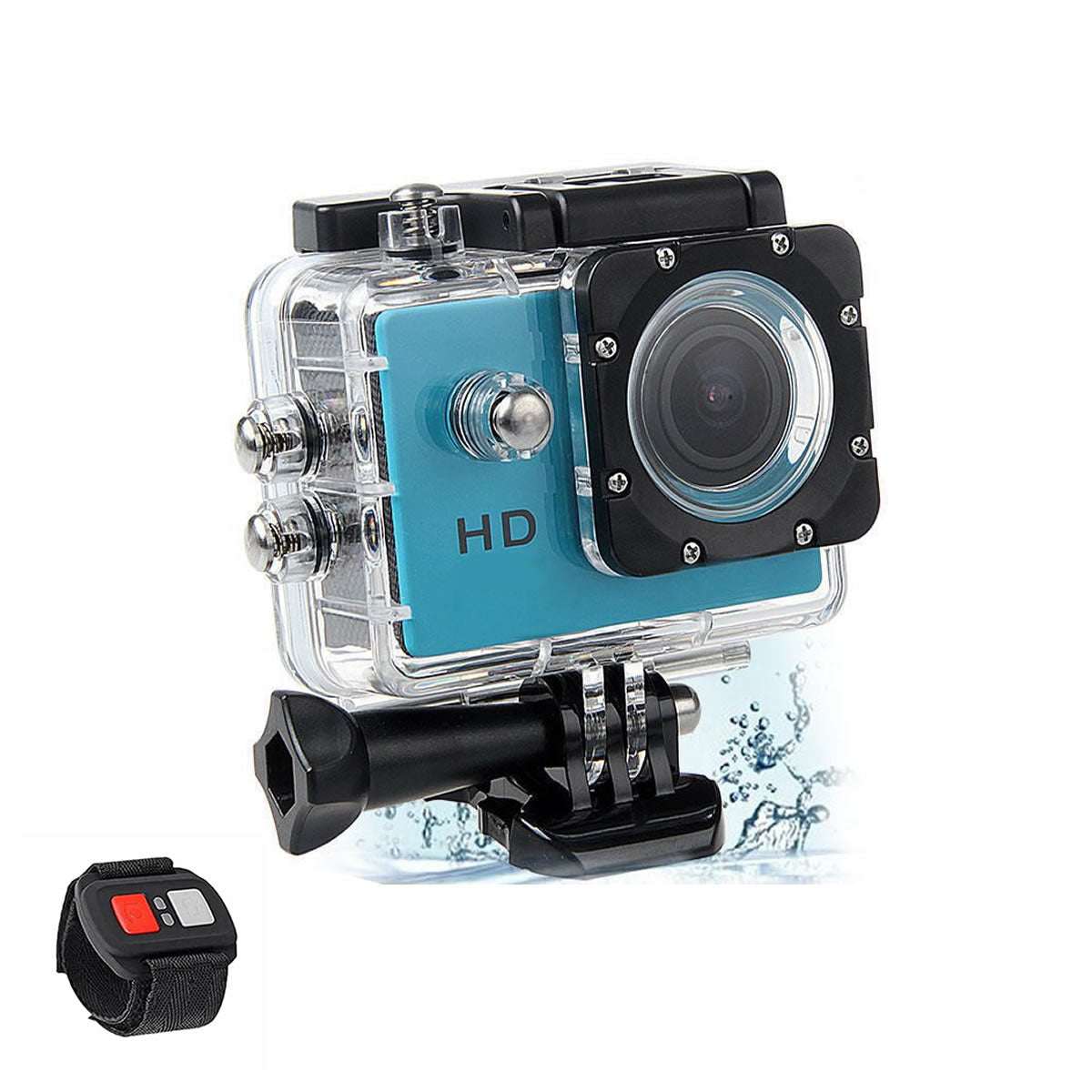 Salmon Lucky 4K waterproof digital UHD WiFi camera with RF remote and accessories, shown in blue with various attachments.