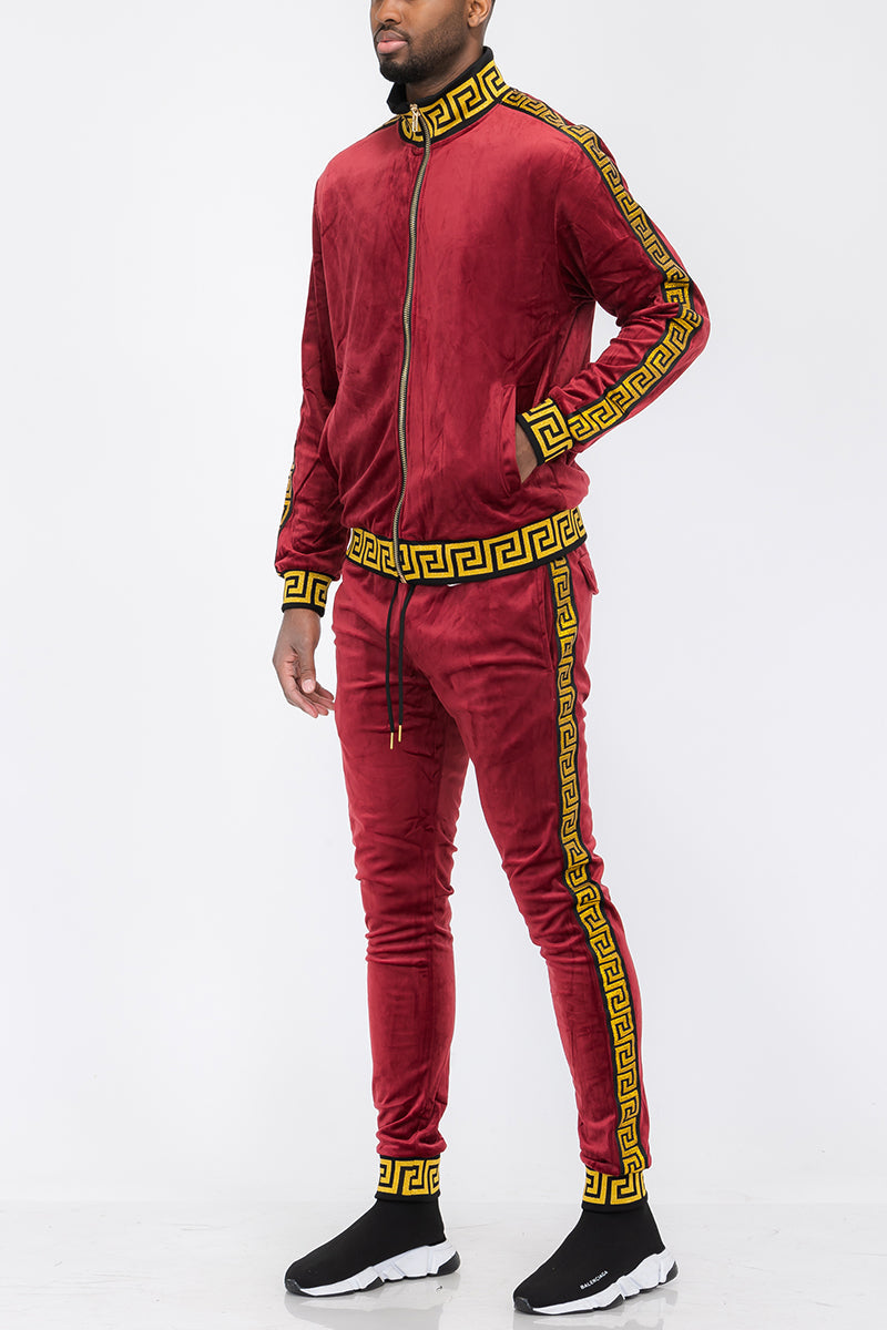 Lime Milo Status Velour Track Set for men, burgundy color, featuring a zip-up jacket and matching jogger pants.
