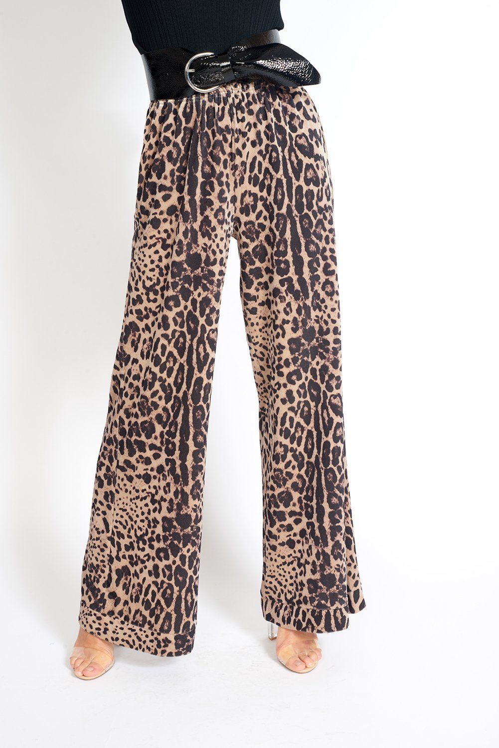 Azure Thanatos Bianca velvet wide-leg pants in leopard print, showcasing soft velvet fabric and stylish, flowing silhouette.