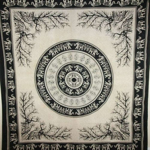 Black Tigers and elephants tapestry featuring majestic beast designs, ideal for home decor by Silver Hestia.