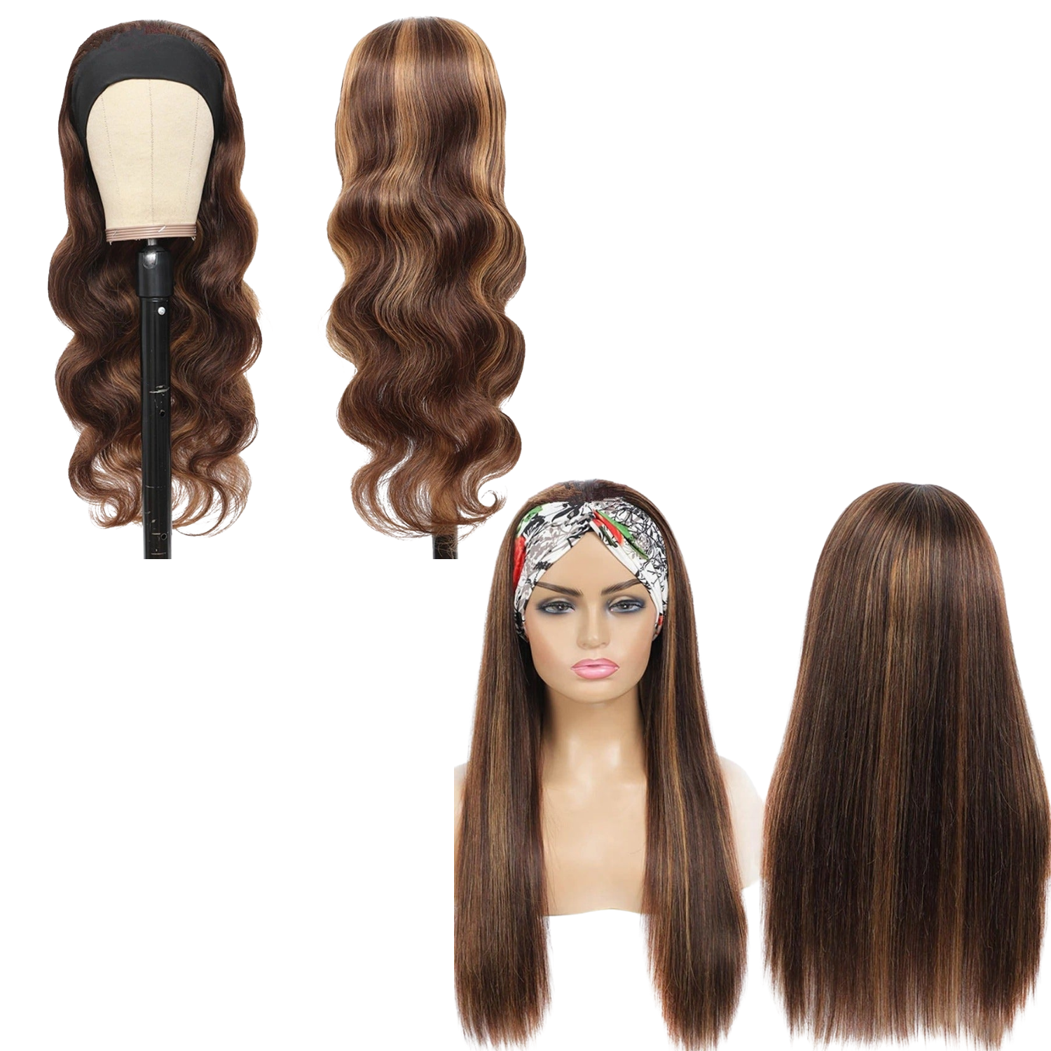 Black and yellow retail logo featuring Cerise Alfie’s glueless human hair wig with body wave texture and piano highlight styling.