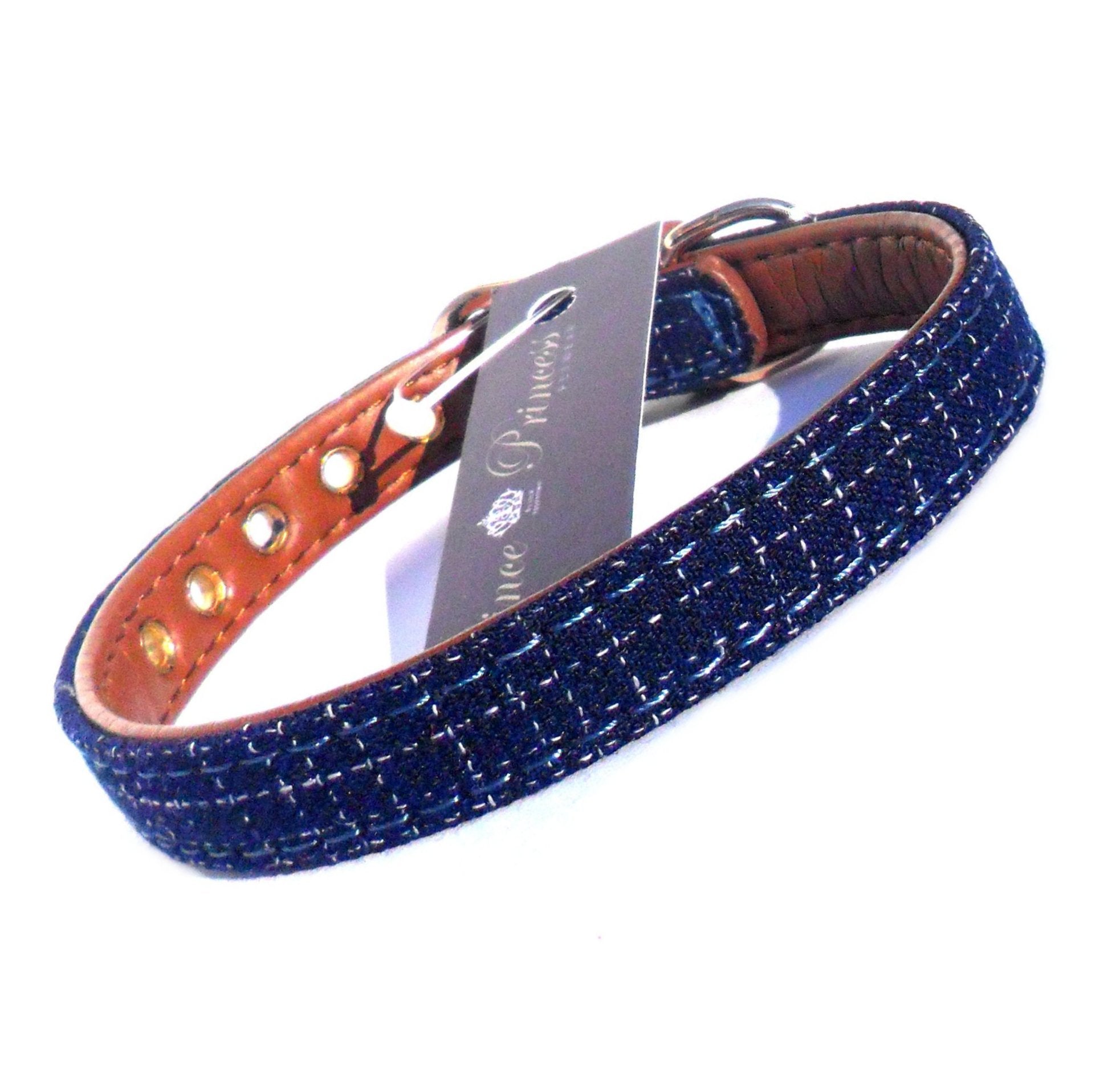 Blue fabric and brown faux leather pet collar with metal buckle, designed for dogs, from Salmon Oscar.