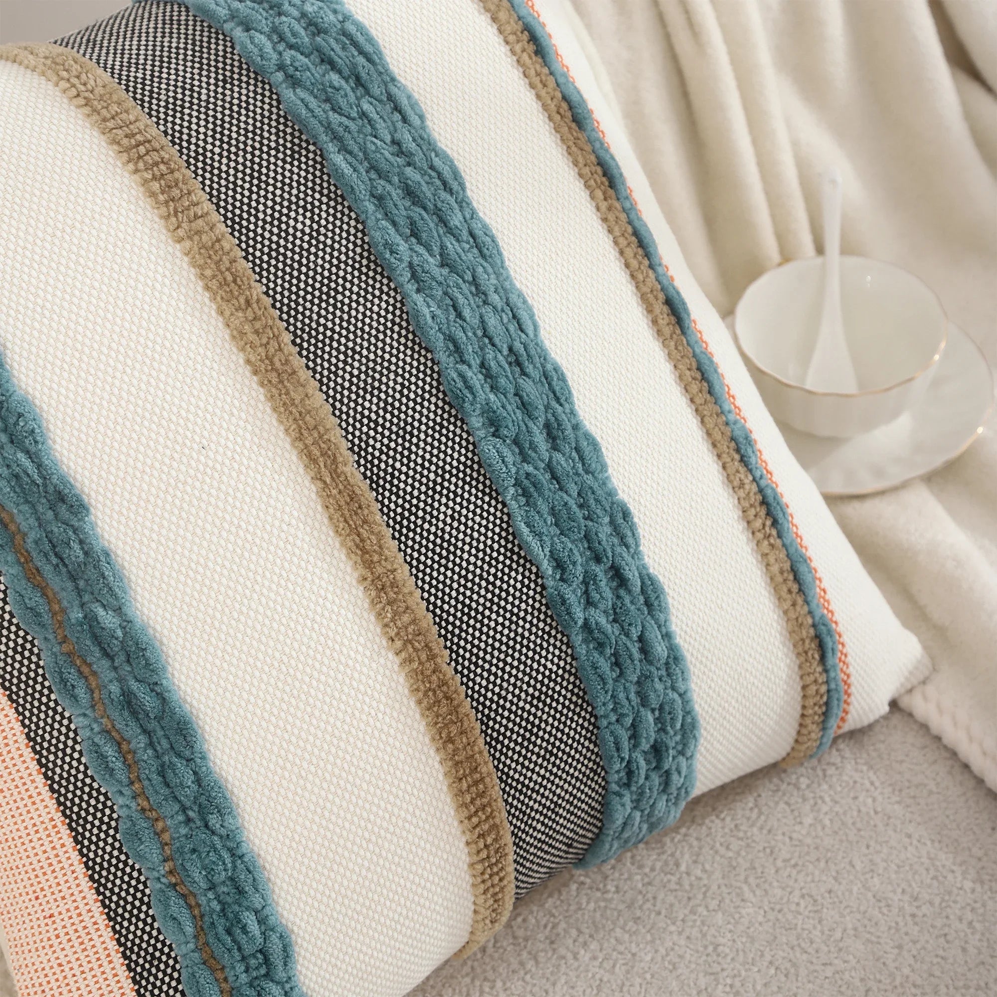 Blue boho striped chenille throw pillowcases by Copper Pallas, soft textured textile covers for cozy decor.