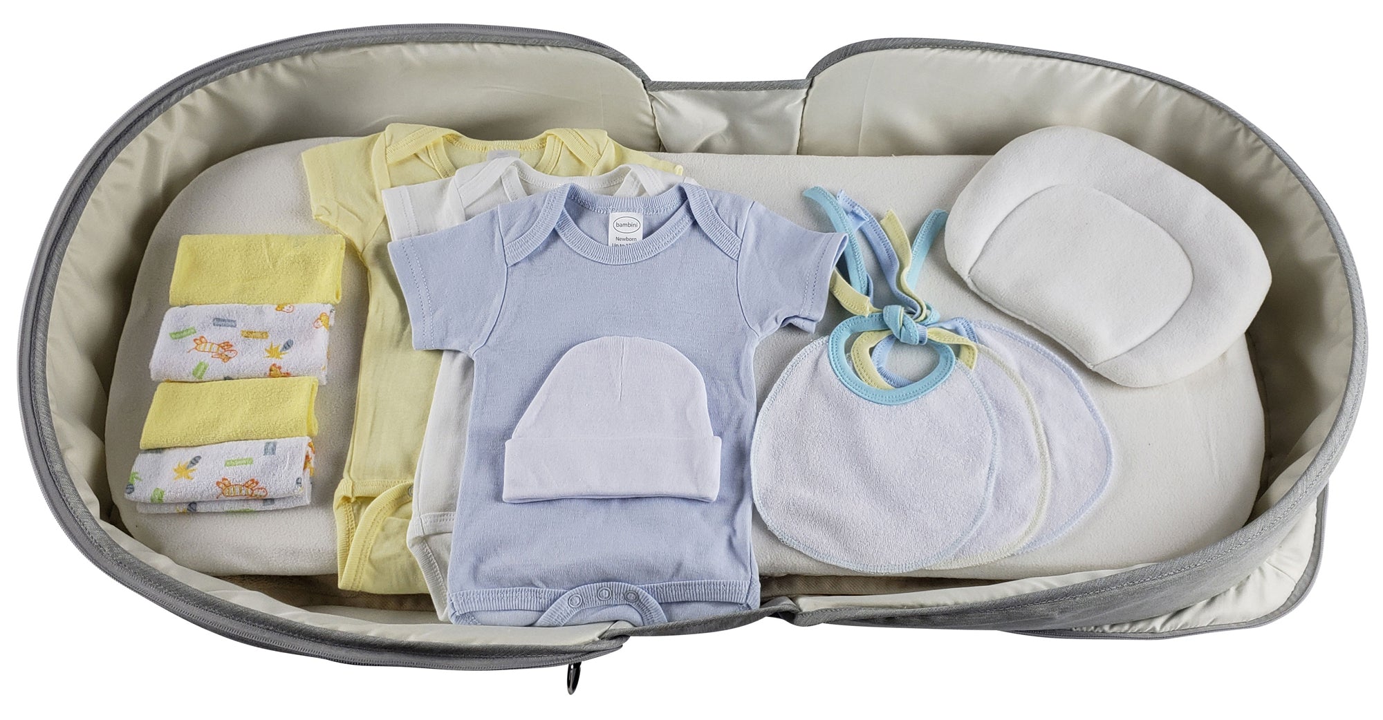 Boys 12-piece baby clothing starter set by Emerald Clover, includes onesies, shirts, pants, and a diaper bag for infants.
