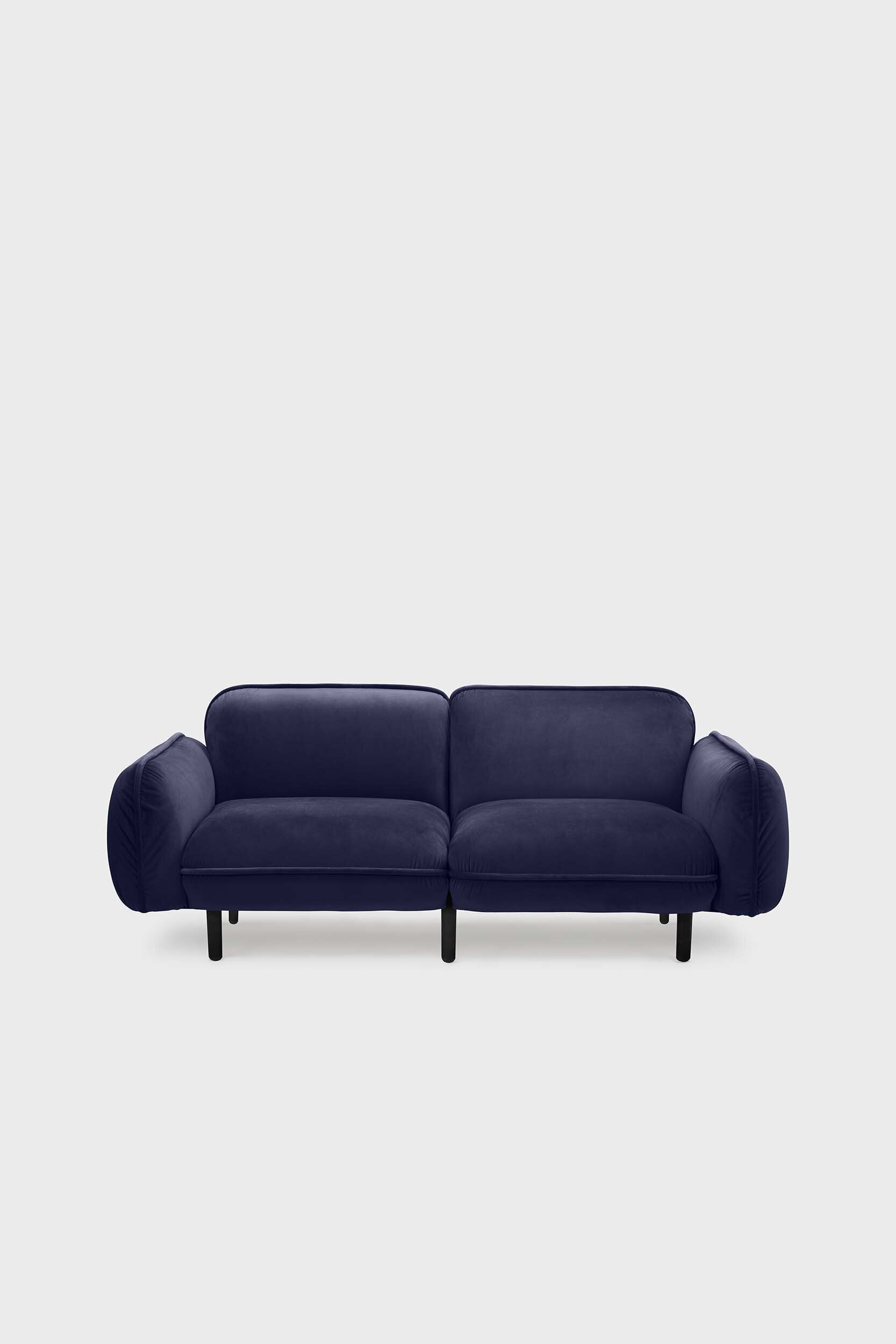 Aquamarine Poppy Bean Sofa in vibrant blue fabric, showcasing plush cushions and modern furniture design.