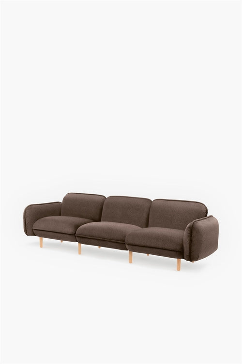Aquamarine Poppy bean sofa in rich chocolate fabric, modern furniture piece with plush cushions and stylish design.