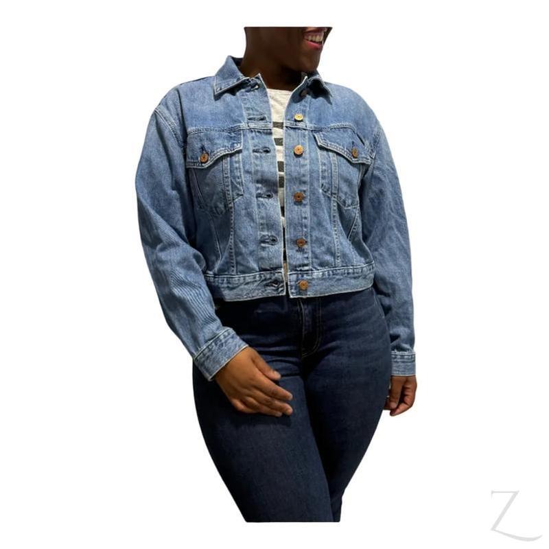 Ladies Raspberry Pallas Brooke denim jacket, cropped style, in B grade, showcasing the super-strong denim fabric and tailored fit.