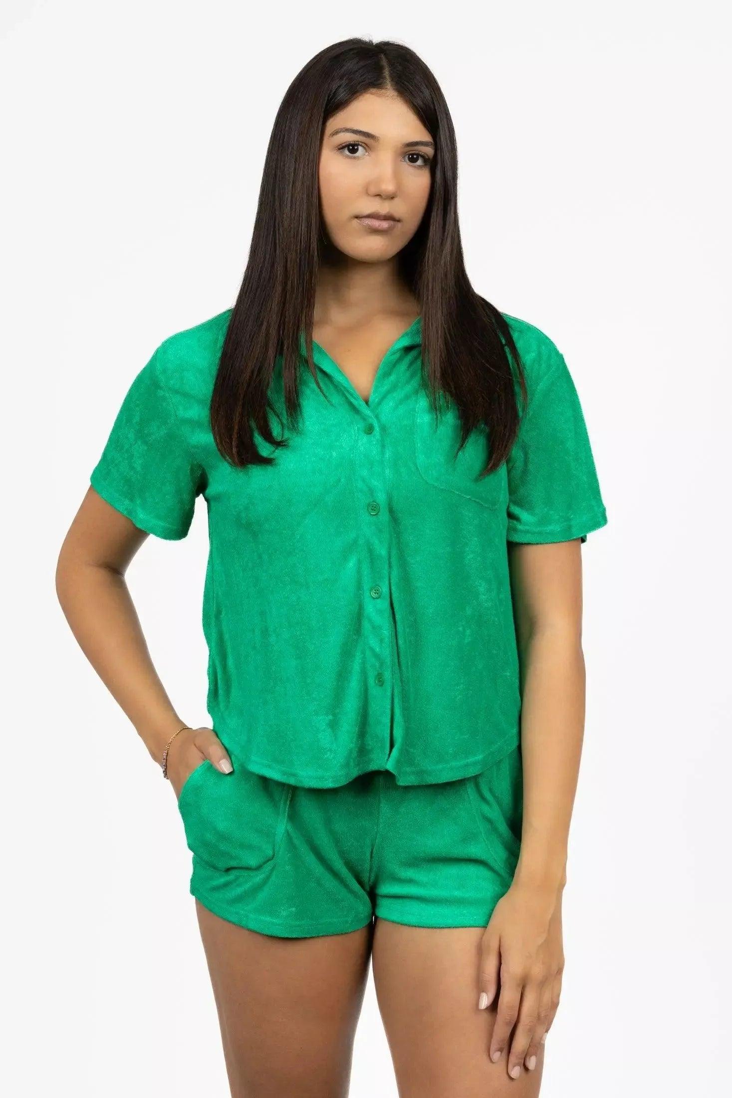 Pets wearing Burgundy Perses Cabana Green Terry Shorts, comfortable pet cover-up with soft terry fabric.